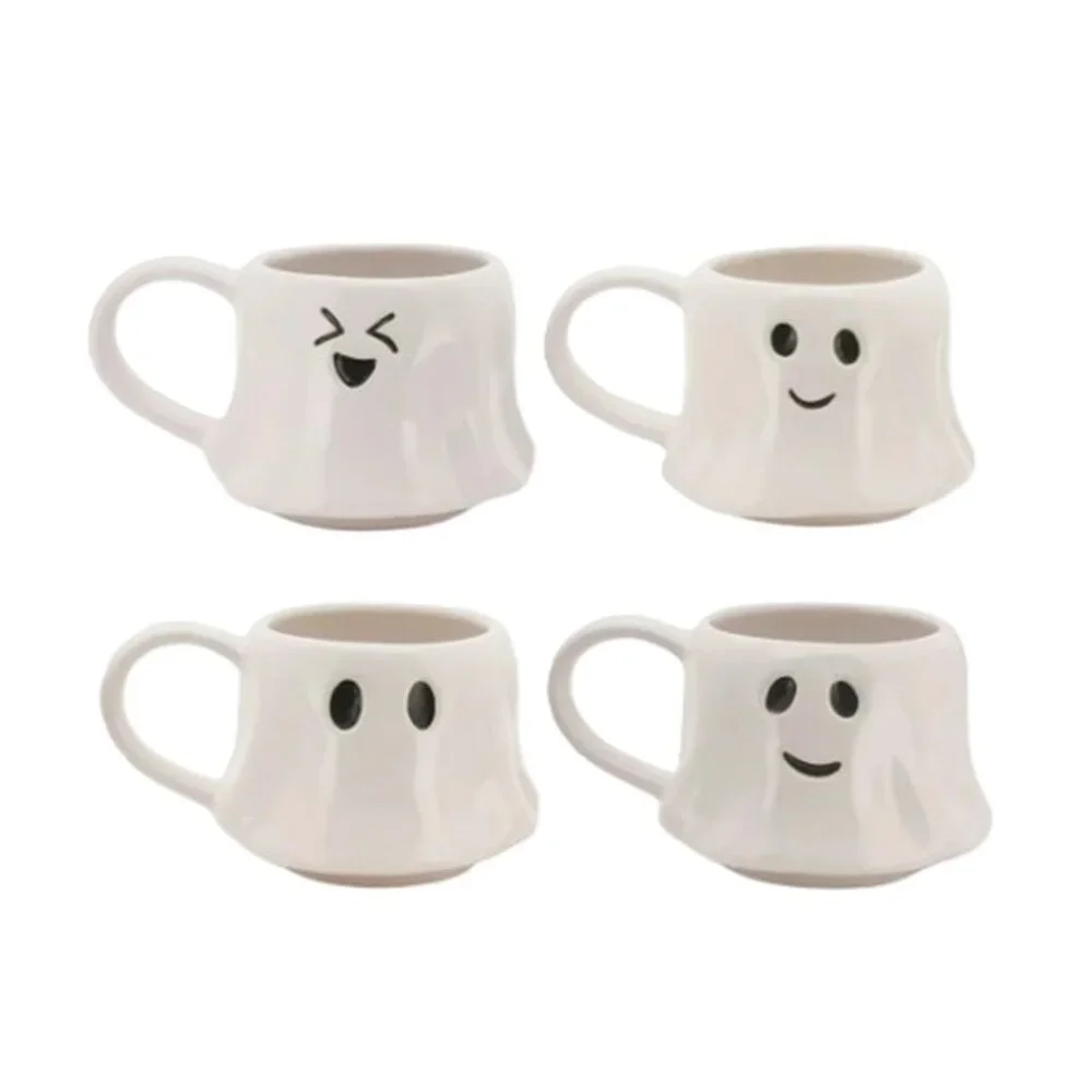 NEW Ceramic Ghost Mugs Mug Set of 4 Stacking Stackable White Stoneware Can hold